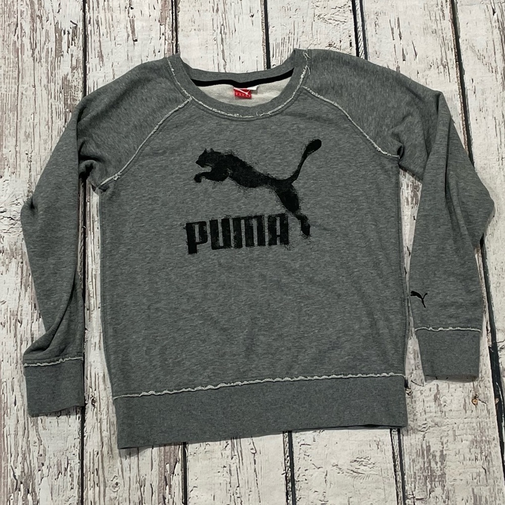 Women's Puma Gray Sports Apparel Fashion Crewneck Pullover Top Sweatshirt